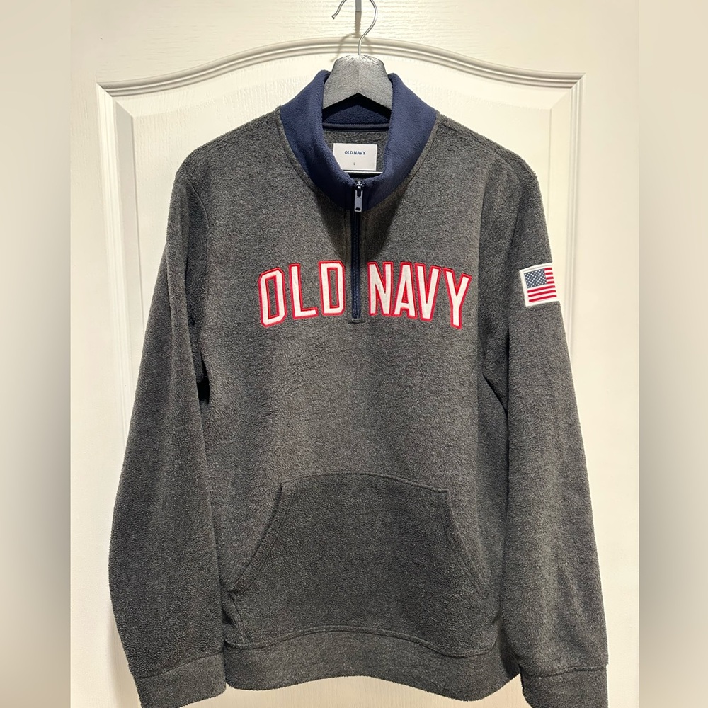 Old Navy USA Flag 1/4 Zip Gray & Blue Fleece Pullover Sweater, Size: Large